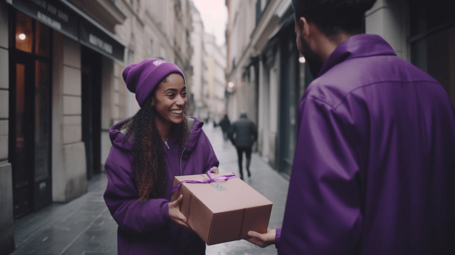 a man in a purple jacket is handing a gift to a woman on the street
