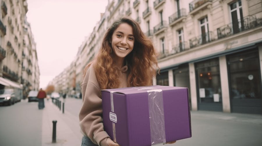 A woman carrying a package in the street. 