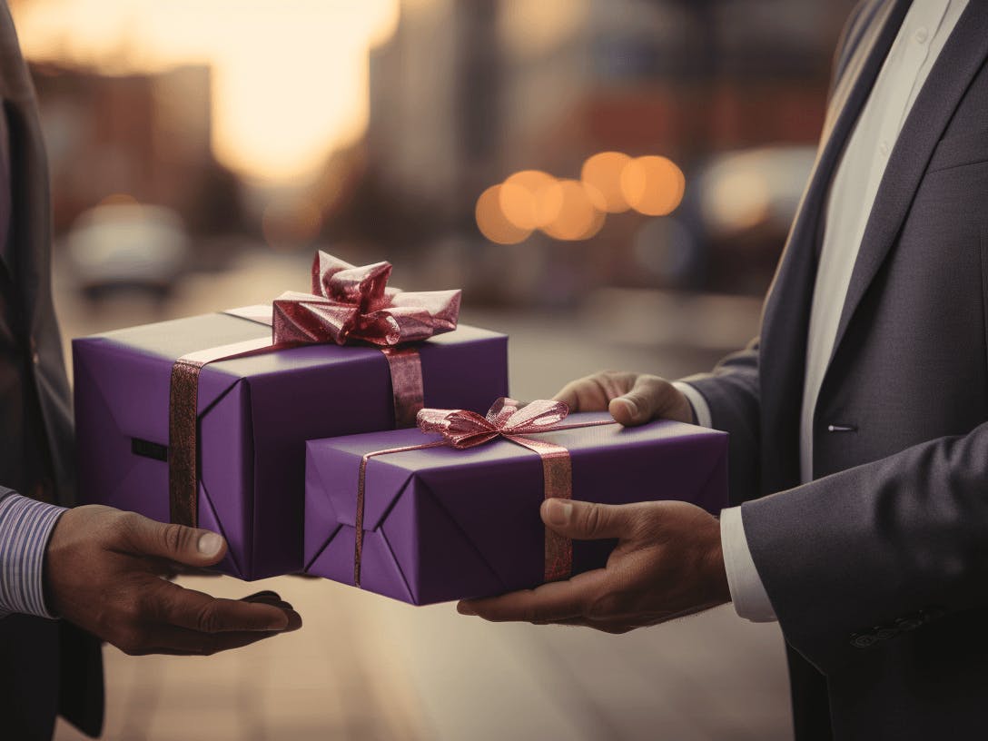 two business men handing someone purple gift boxes