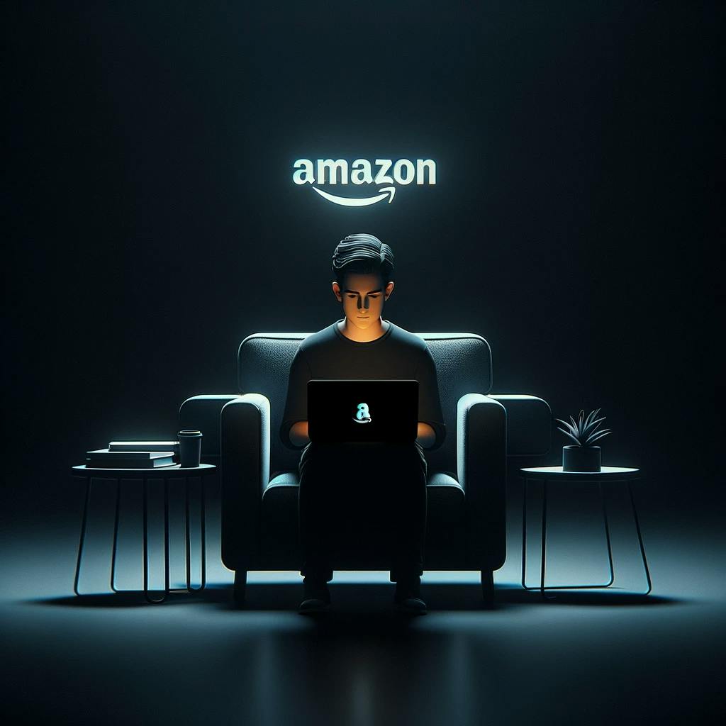 A man standing on a chair, and a laptop on his lap, amazon.com written on the wall behind him. A man standing on a chair, and a laptop on his lap, amazon.com written on the wall behind him.