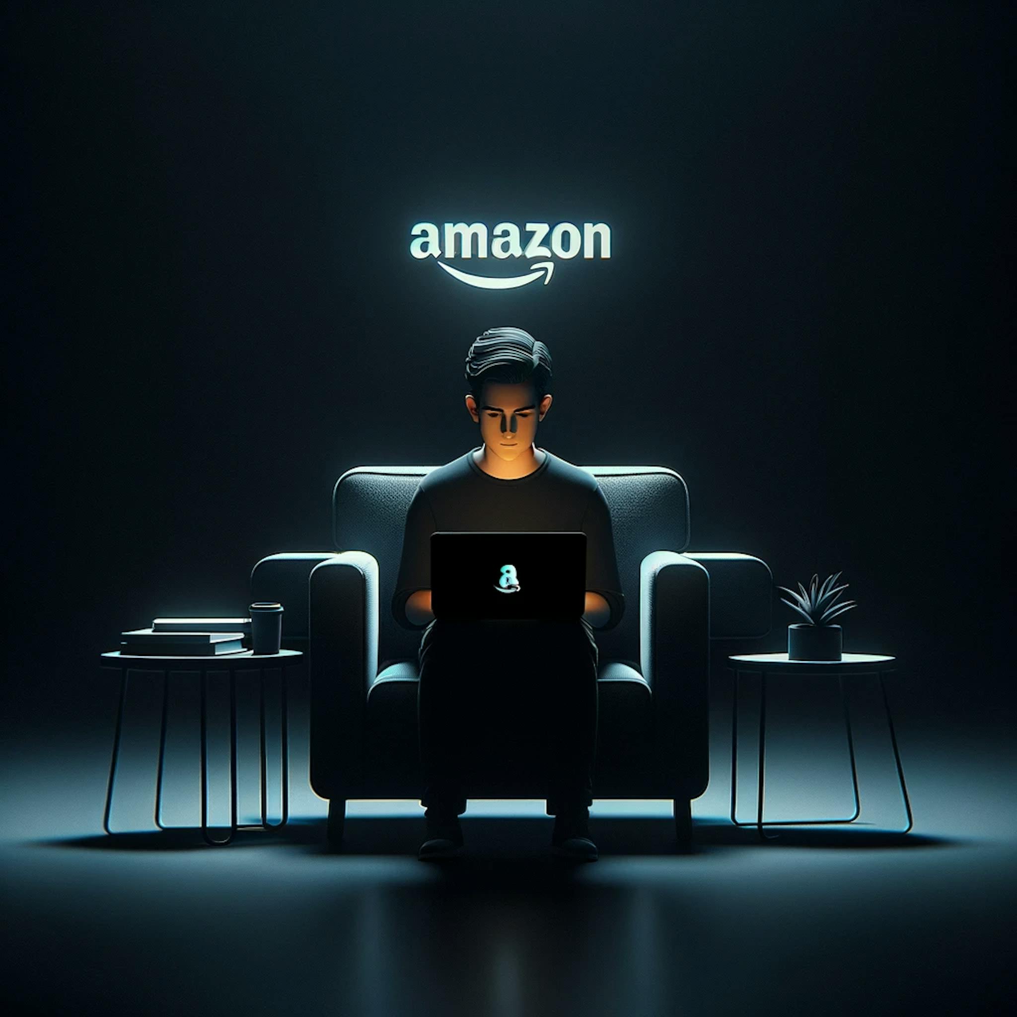 A man standing on a chair, and a laptop on his lap, amazon.com written on the wall behind him. 