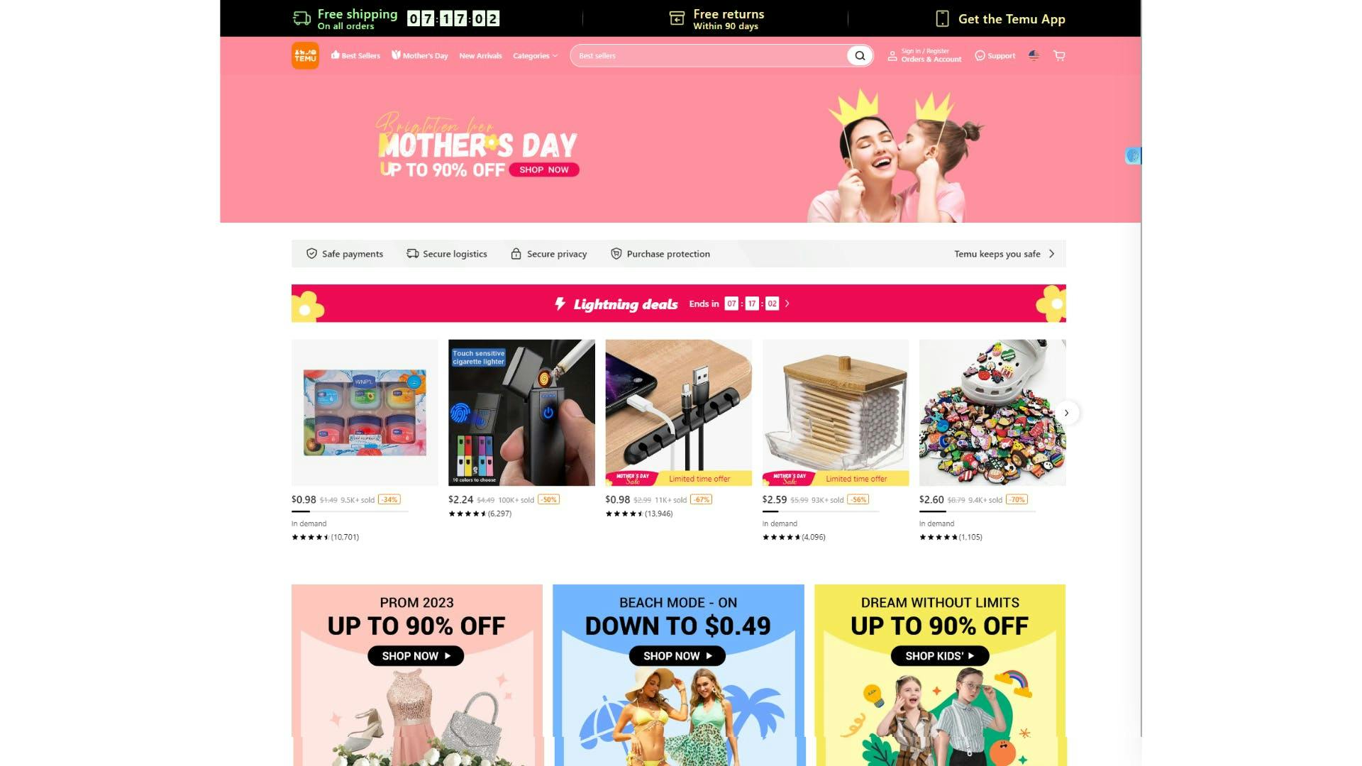 Temu's online stores website.