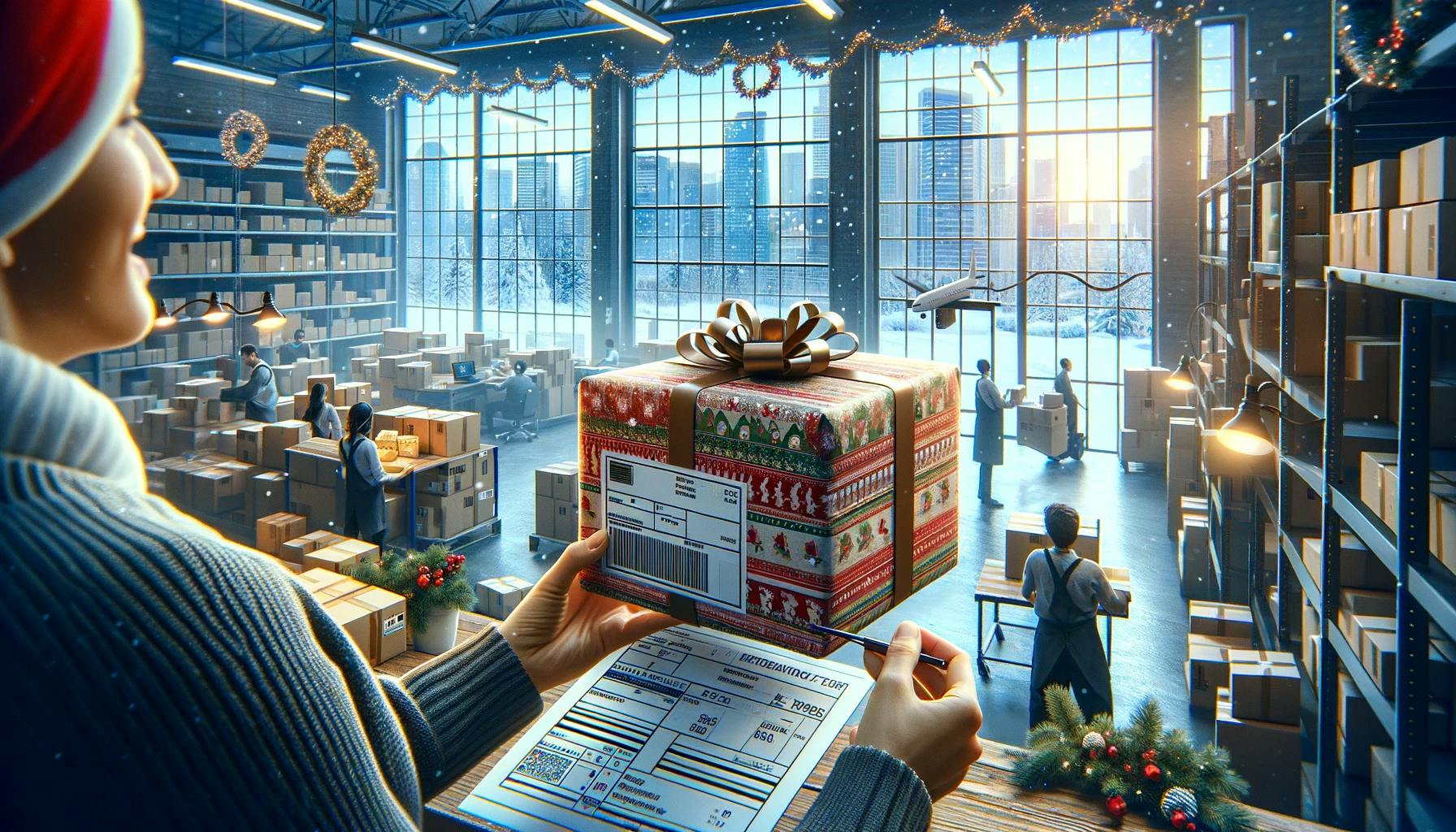 showing a package getting ready to be shipped internationally during Christmas in an urban setting