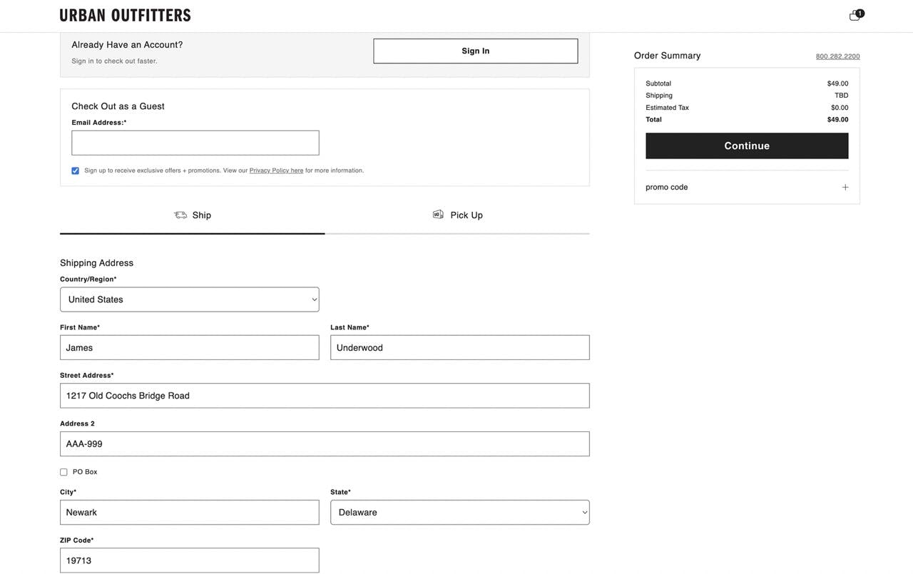 shipping address urban outfitters