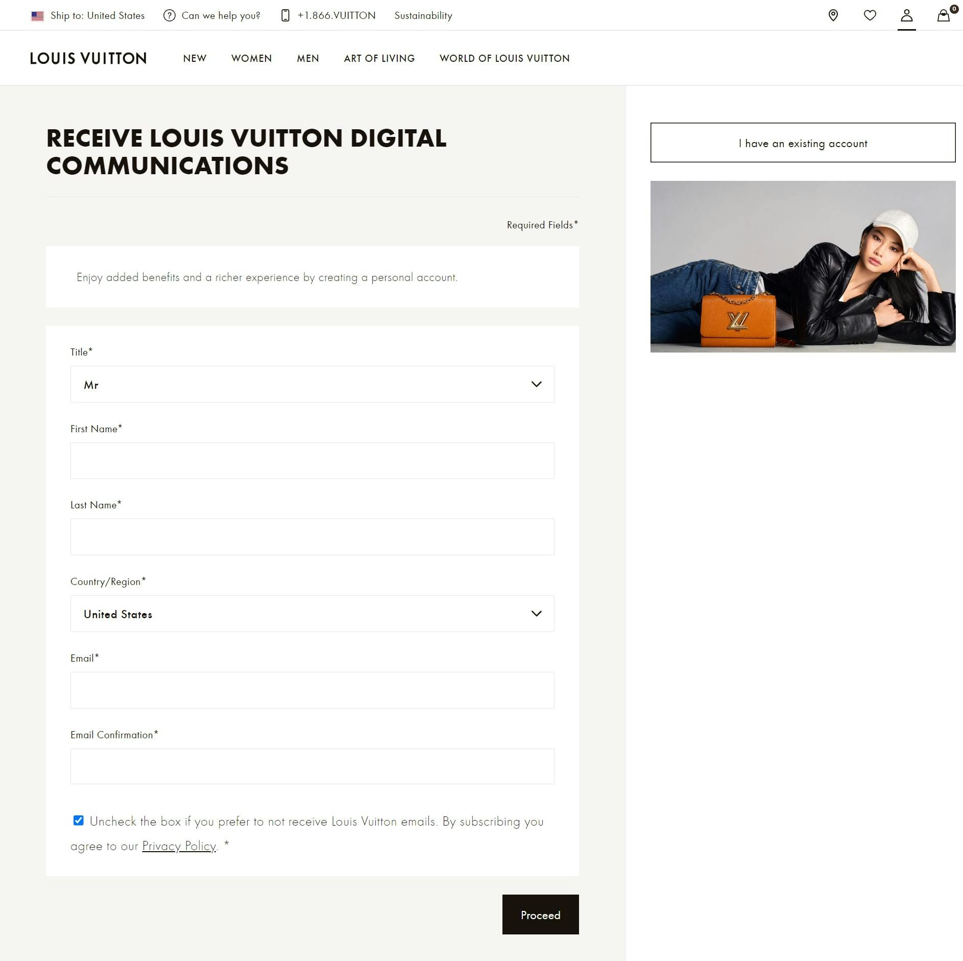 Louis Vuitton sign up page