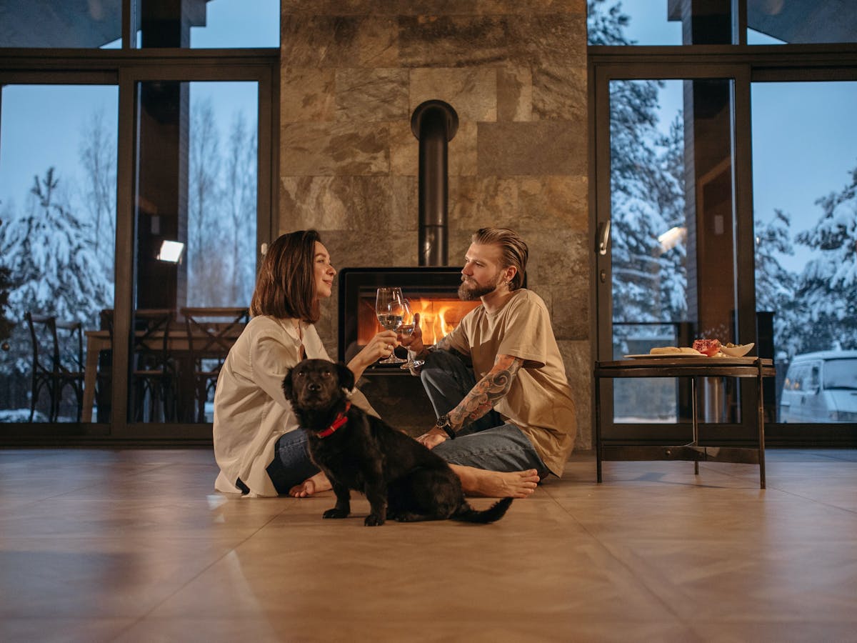 By the fireplace, two lovers are drinking wine with their dogs