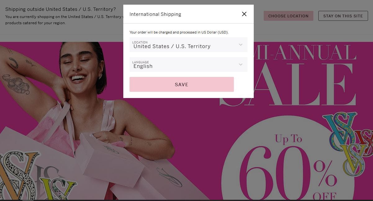 select your territory on Victoria's Secret