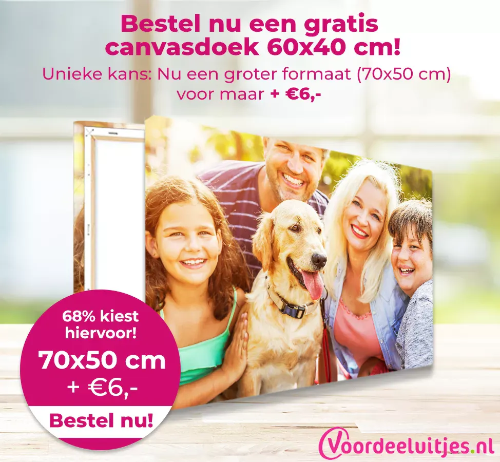 Bestel nu een gratis canvasdoek 60x40 cm! Unieke kans: Nu een groter formaat (70x50 cm) voor maar + € 6,-
