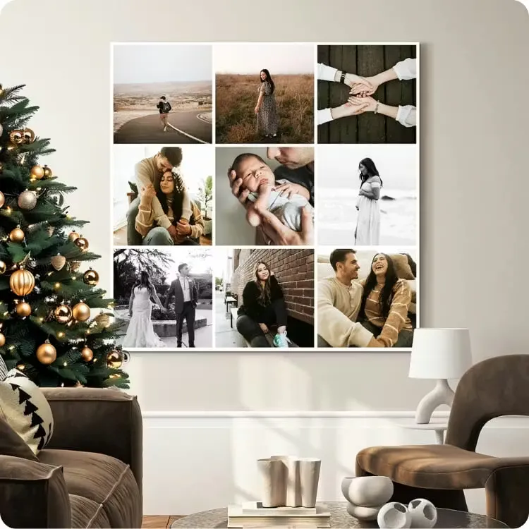 Foto collage met diverse foto's van een man, vrouw en hun baby