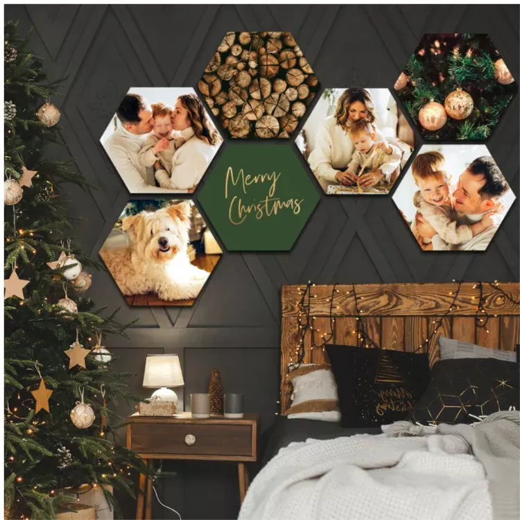 Canvassen aan de muur in de vorm van een zeshoek, met daarop foto's van een gezin en een hond