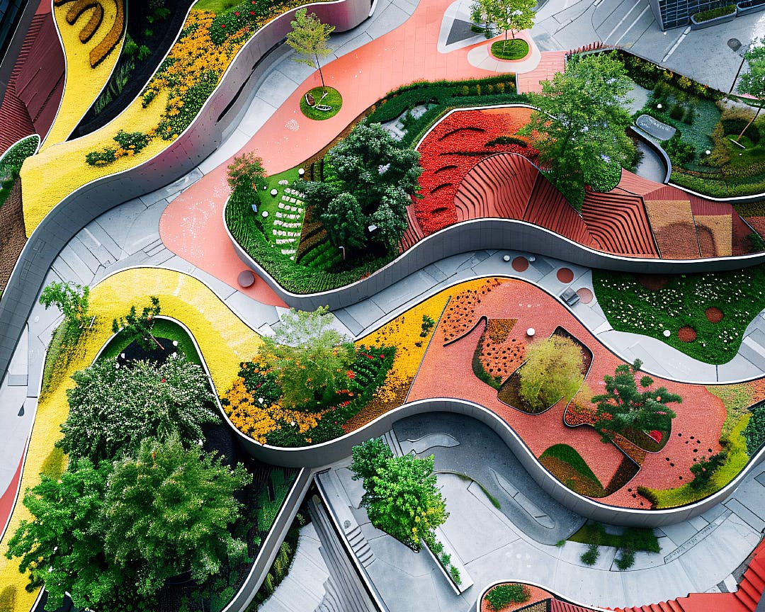 Aerial view of vibrant landscape architecture