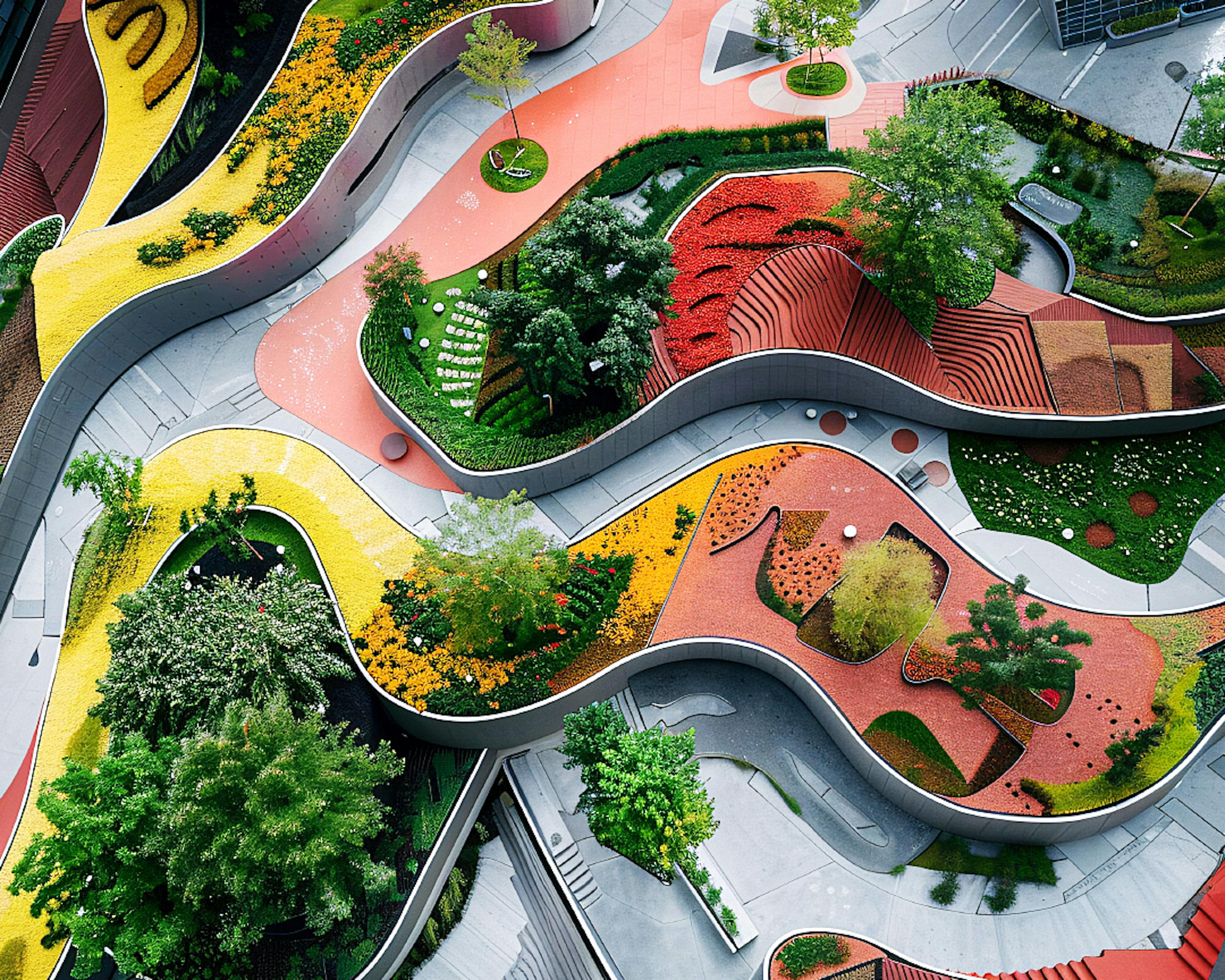 Aerial view of vibrant landscape architecture