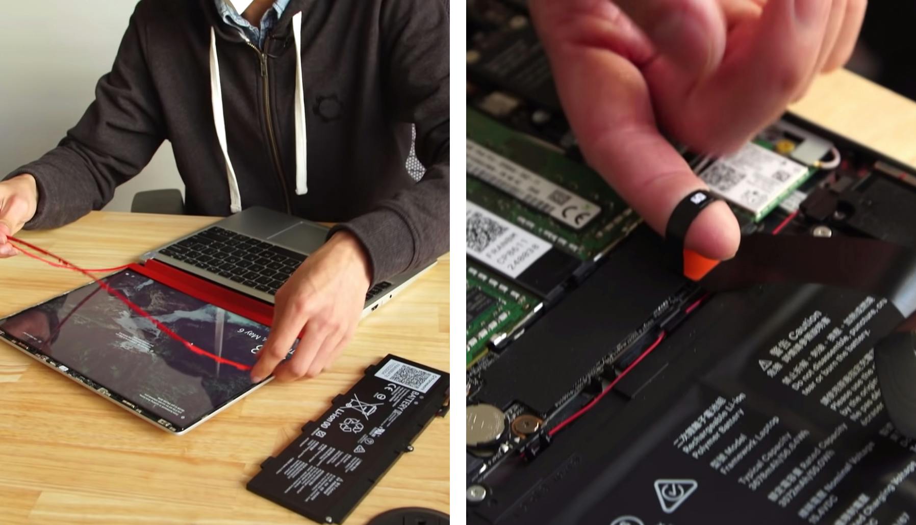 Left image shows a person removing a bezel from a Framework Laptop. Right image shows a person pulling off a ribbon from the Framework Laptop.