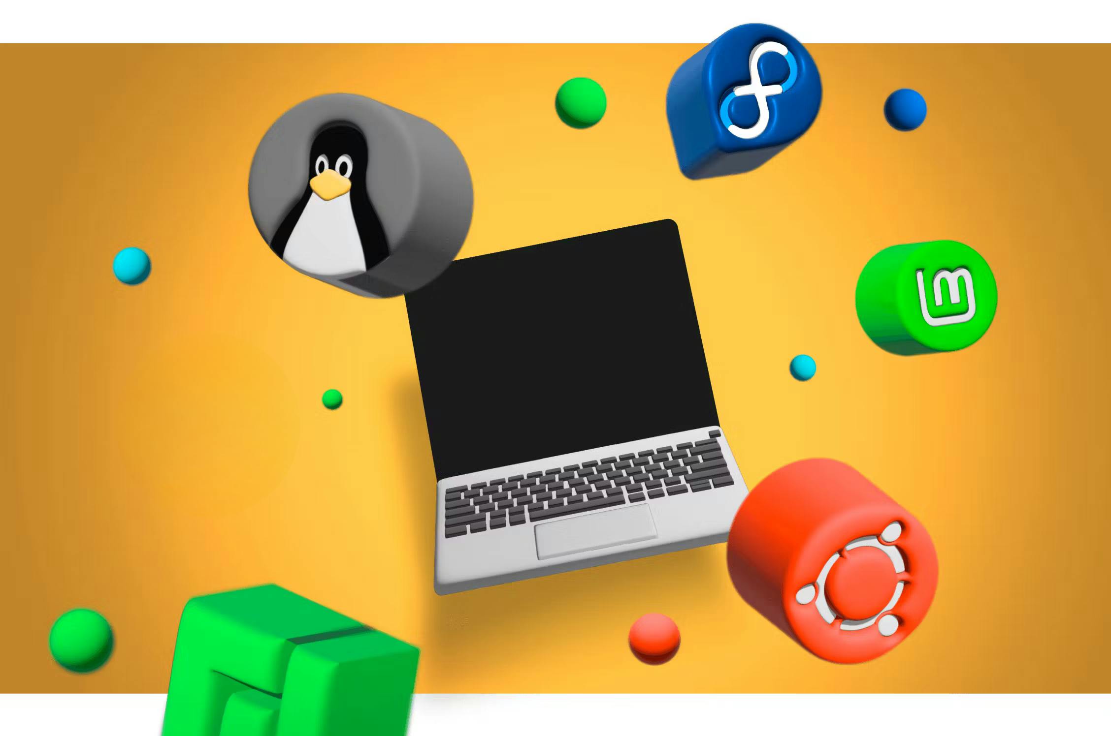 A Framework Laptop surrounded by Linux distributions logos