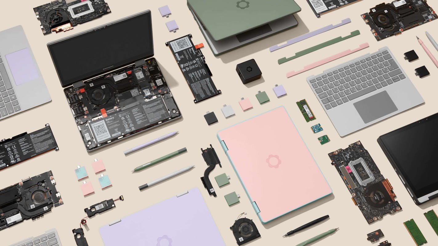 Banner with a disassembled Framework Laptop 12