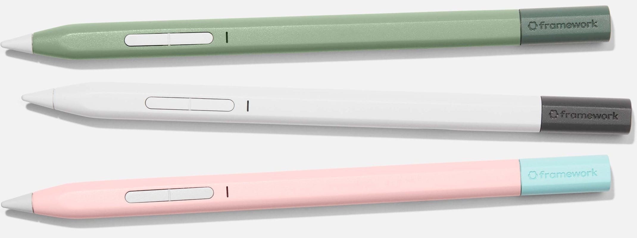 Framework Stylus in Sage, Gray, and Bubblegum