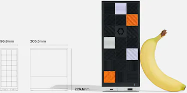Size comparison of Framework Desktop with a banana along with dimensions – 96.8 x 205.5 x 226.1mm