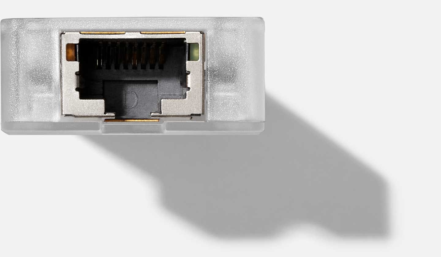 Top-down studio shot of a Framework Ethernet Expansion Card.