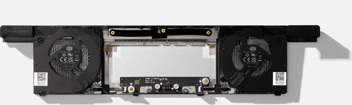 Top-down studio shot of a Framework Laptop 16 Expansion Bay Shell.