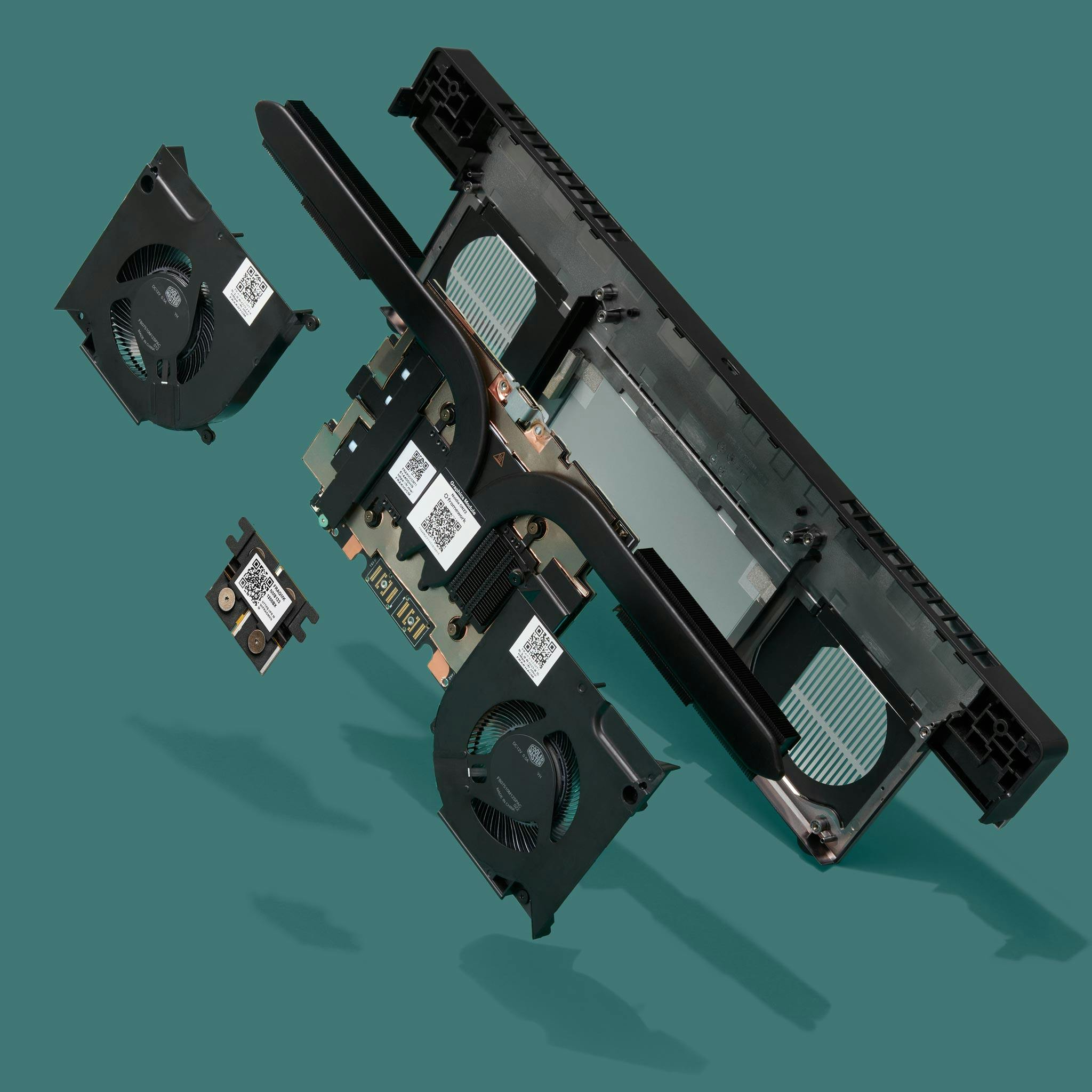Exploded view of a Framework Laptop 16 GPU.