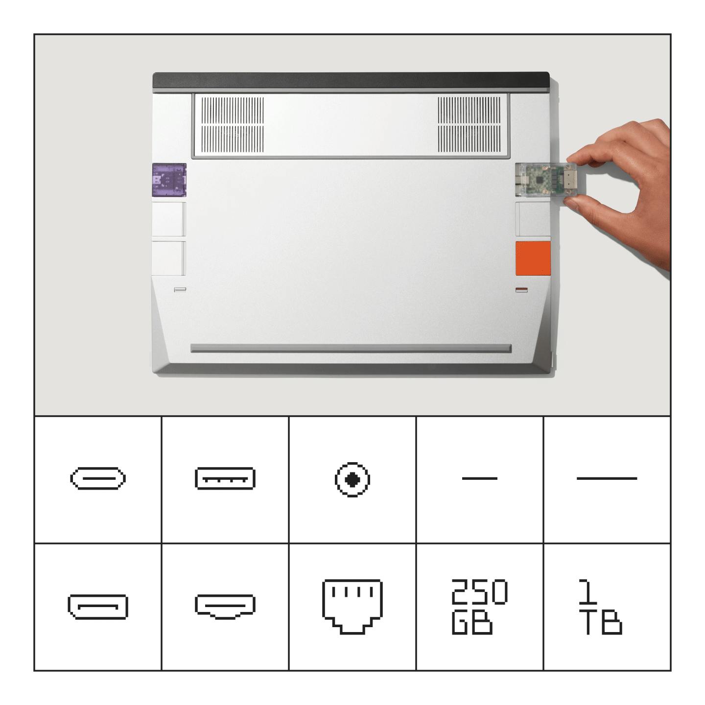 An upside-down Framework Laptop 16, focused on six Expansion Card slots, with supporting icons representing USB-C, USB-A, HDMI, DisplayPort, Ethernet, 250GB, 1TB, MicroSD, SD, and Audio