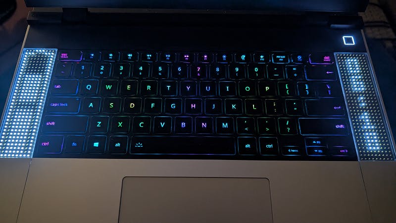 Close-up shot of a LED battery monitor for Framework Laptop 16.