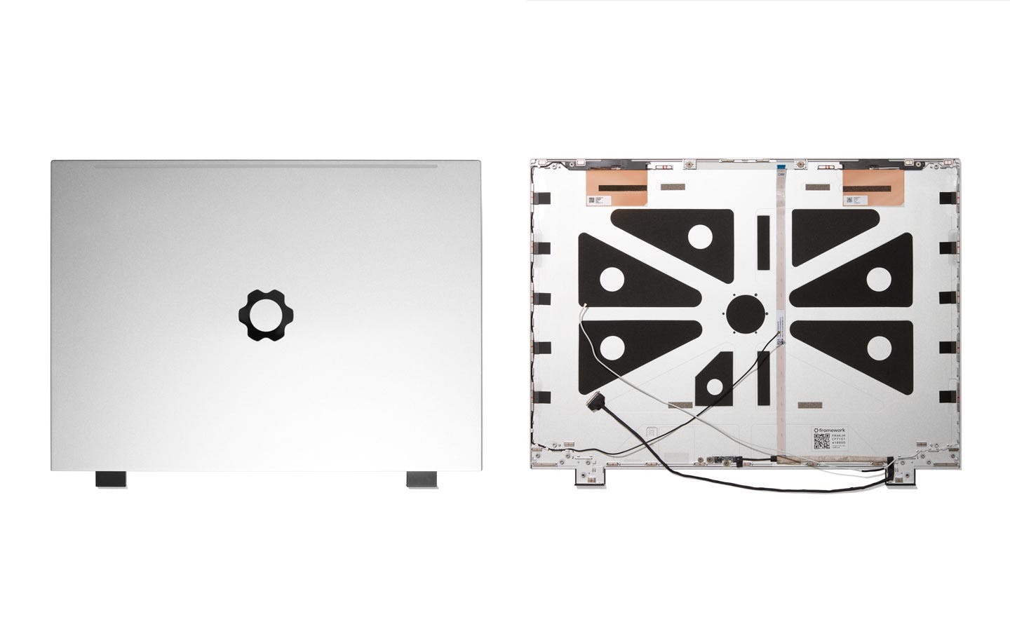 Top-down studio shot of a Framework Laptop 16 Top Cover (exterior and interior perspective).
