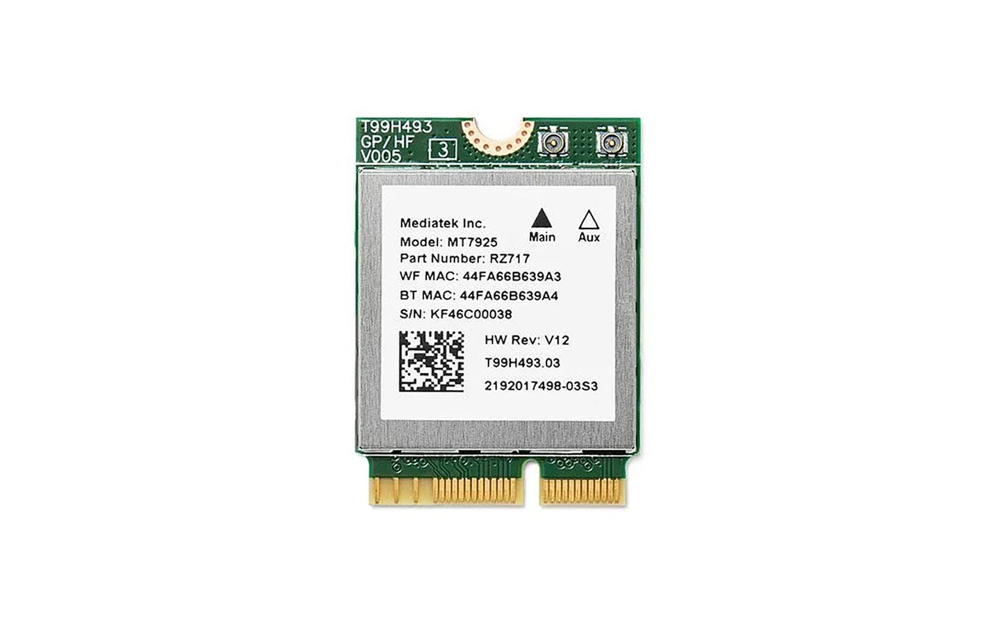 Top-down studio shot of a Wi-Fi 7 card.
