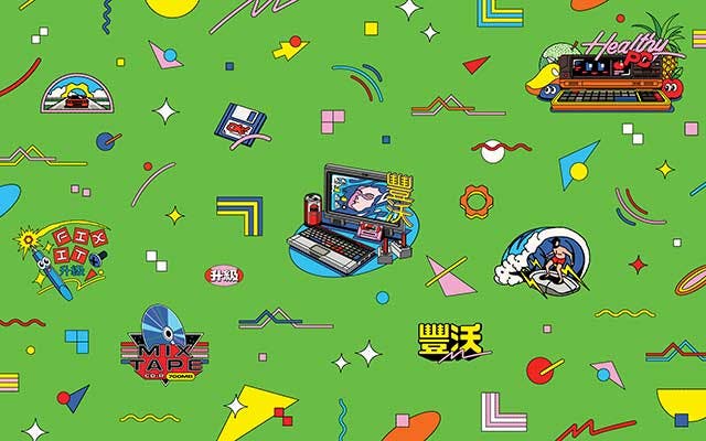 Wallpaper thumbnail of a retro-themed pattern with various Framework-related items on a green backdrop.