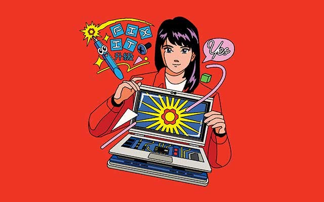 Wallpaper thumbnail of an anime-style character holding a Framework Laptop 16 on a red backdrop.