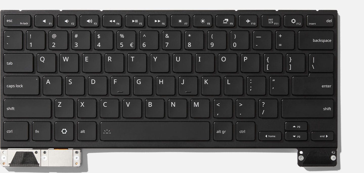 Top-down studio shot of a Framework 16 Keyboard.