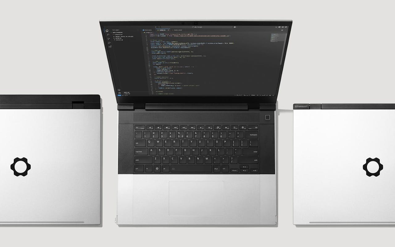 Top-down studio shot of multiple Framework Laptops 16s.