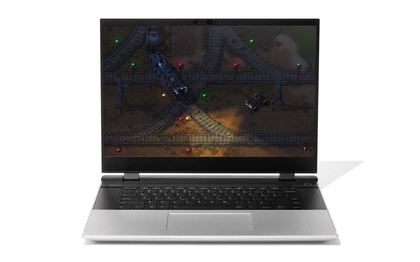 Straight-on studio shot of a Framework Laptop 16 showcasing the large displaywith a game on screen.