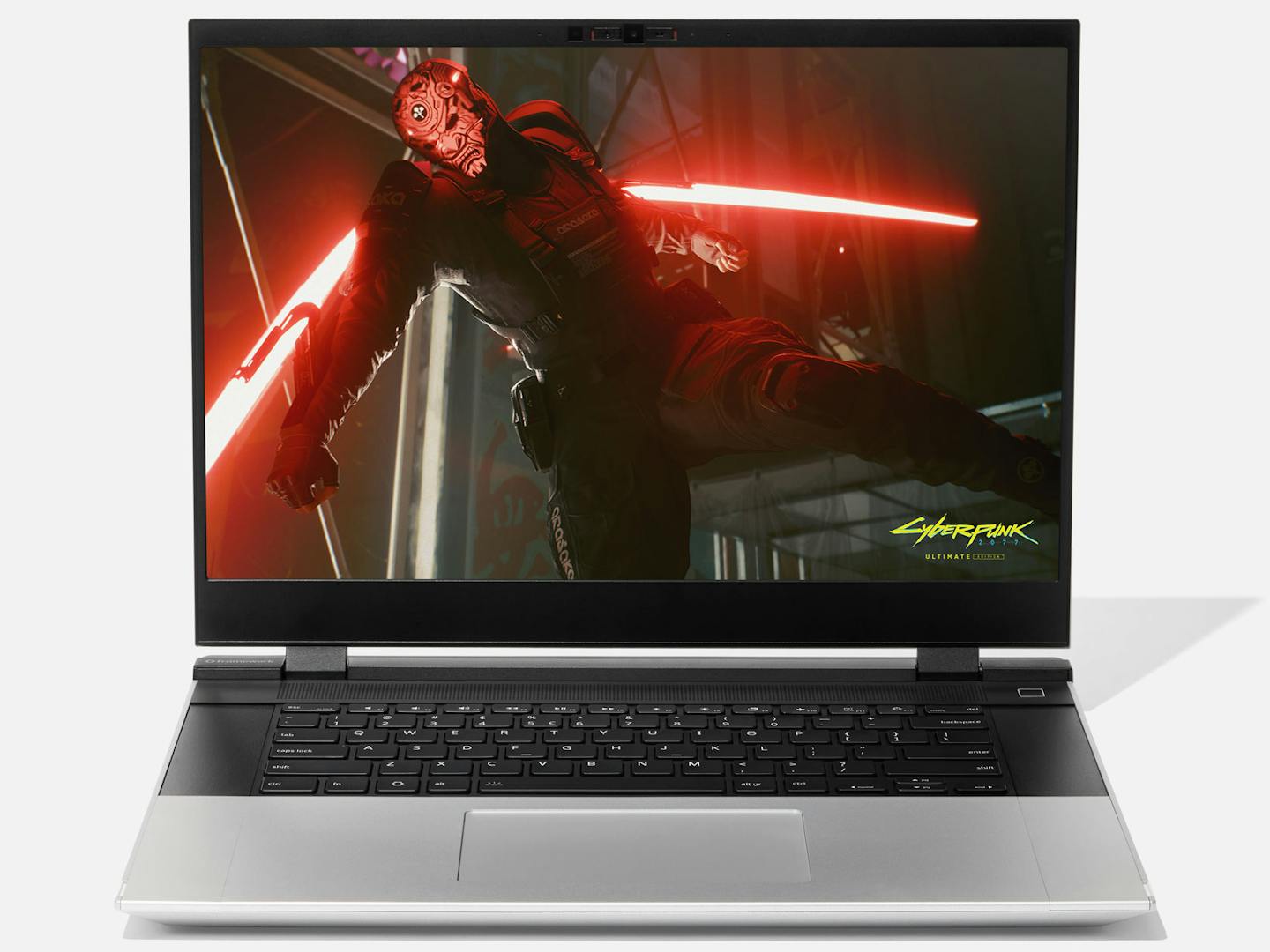 Straight-on studio shot of a Framework Laptop 16 showcasing the large display with Cyberpunk 2077 game on screen.