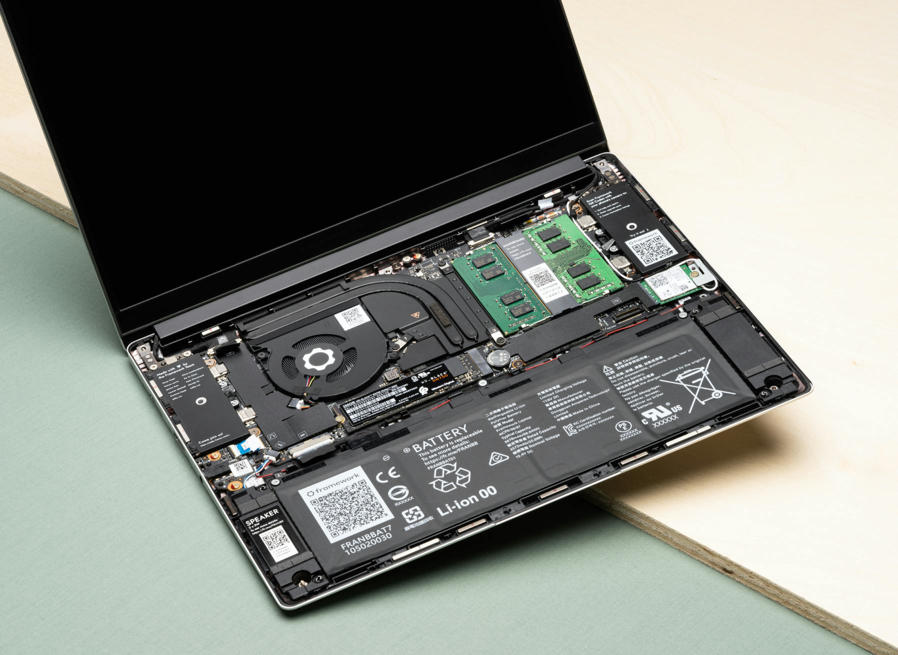 open laptop with internals showing