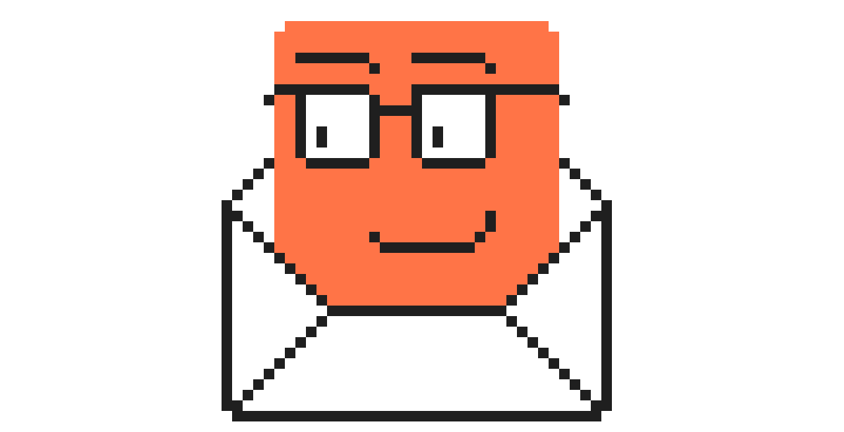 Pixel art icon of a square-faced orange character with glasses smiling from inside an open white envelope.