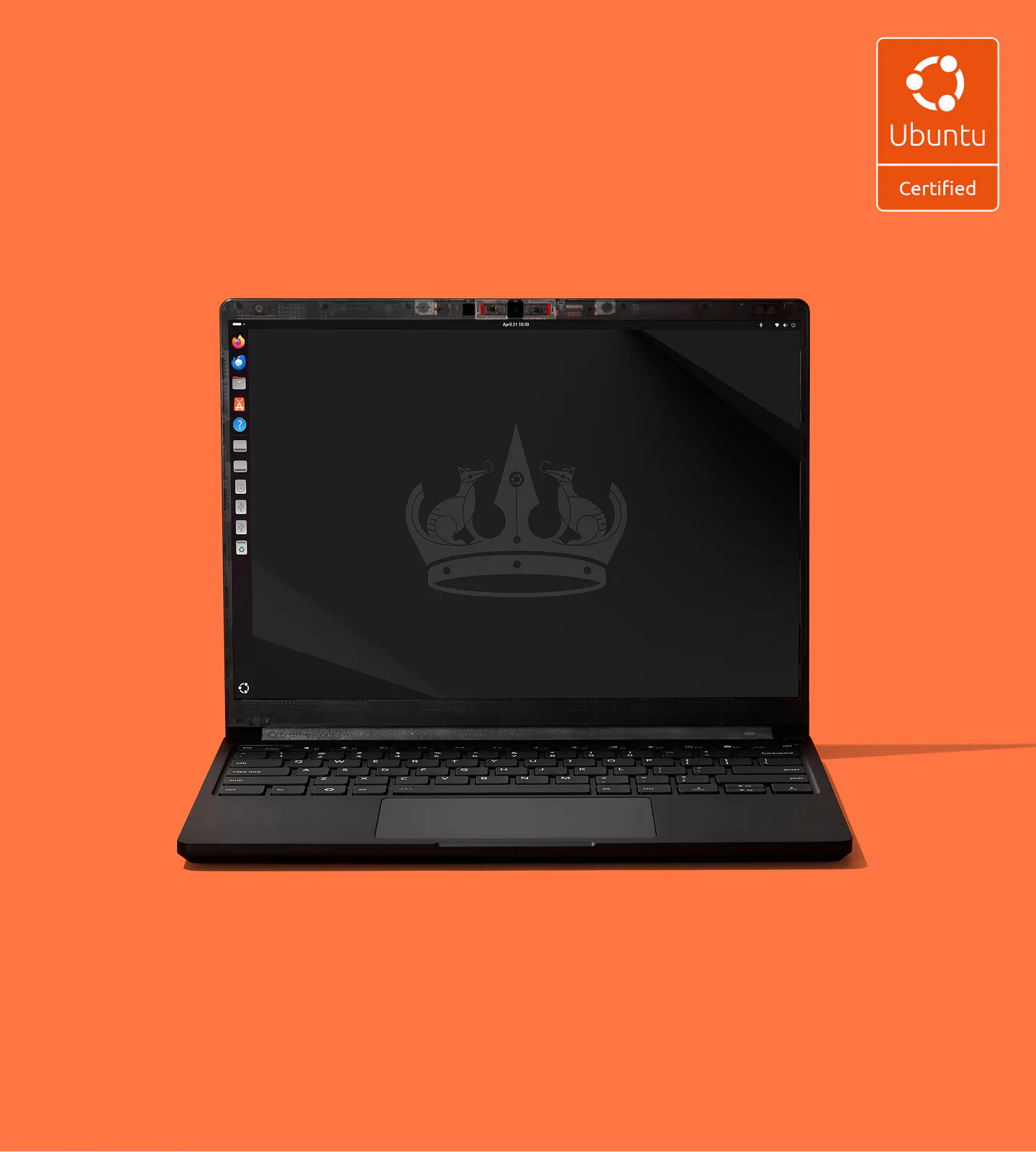 A straight-on shot of a ready-to-go Laptop 13 Pro against an orange backdrop
