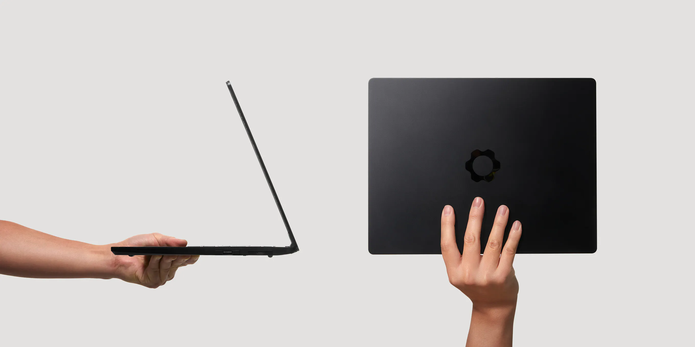 Two views of a sleek, Framework Laptop 13 Pro held by hands against a light gray background.