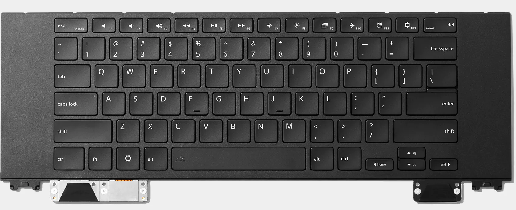 Top-down studio shot of a Framework 16 One Piece Keyboard.