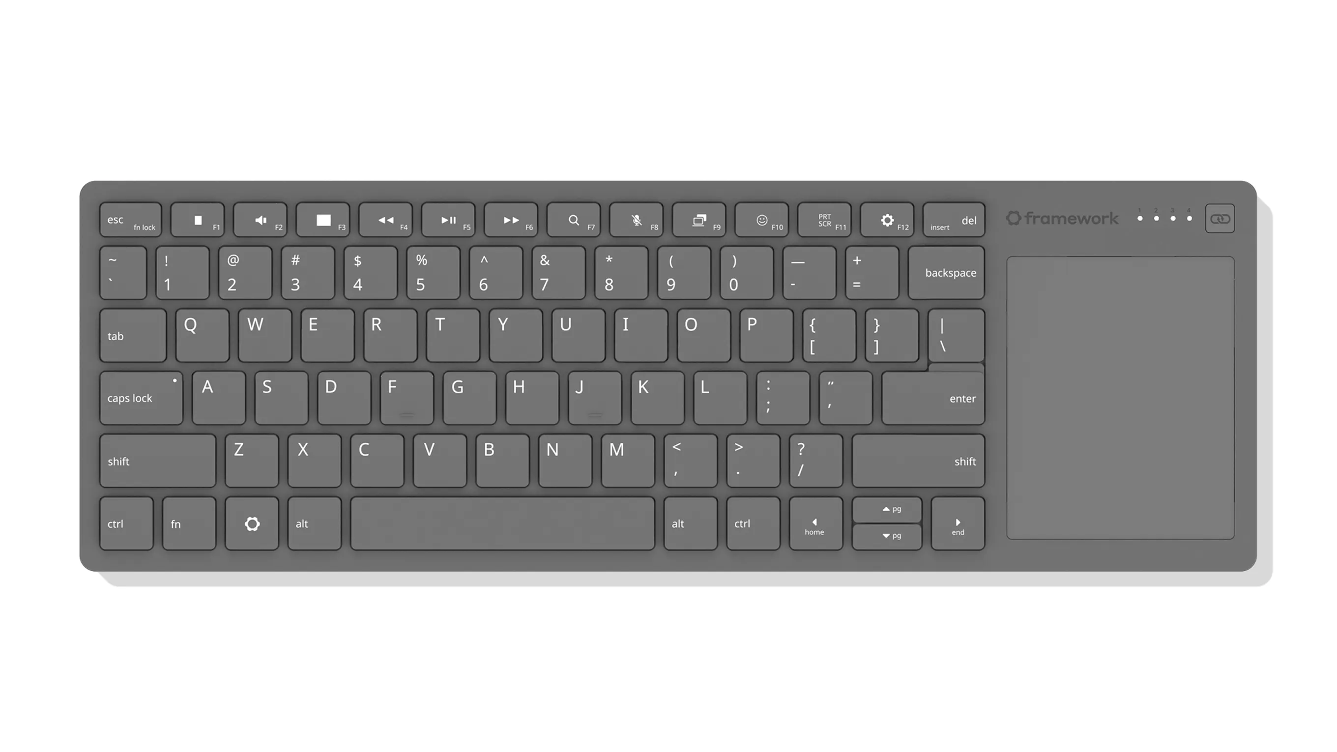 A top-down studio shot of a Framework Wireless Touchpad Keyboard.