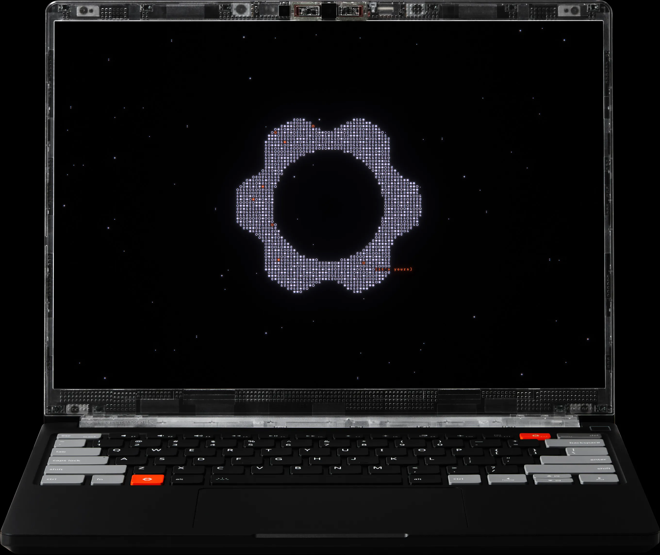 A straight on Framework Laptop 13 Pro shot against a black backdrop