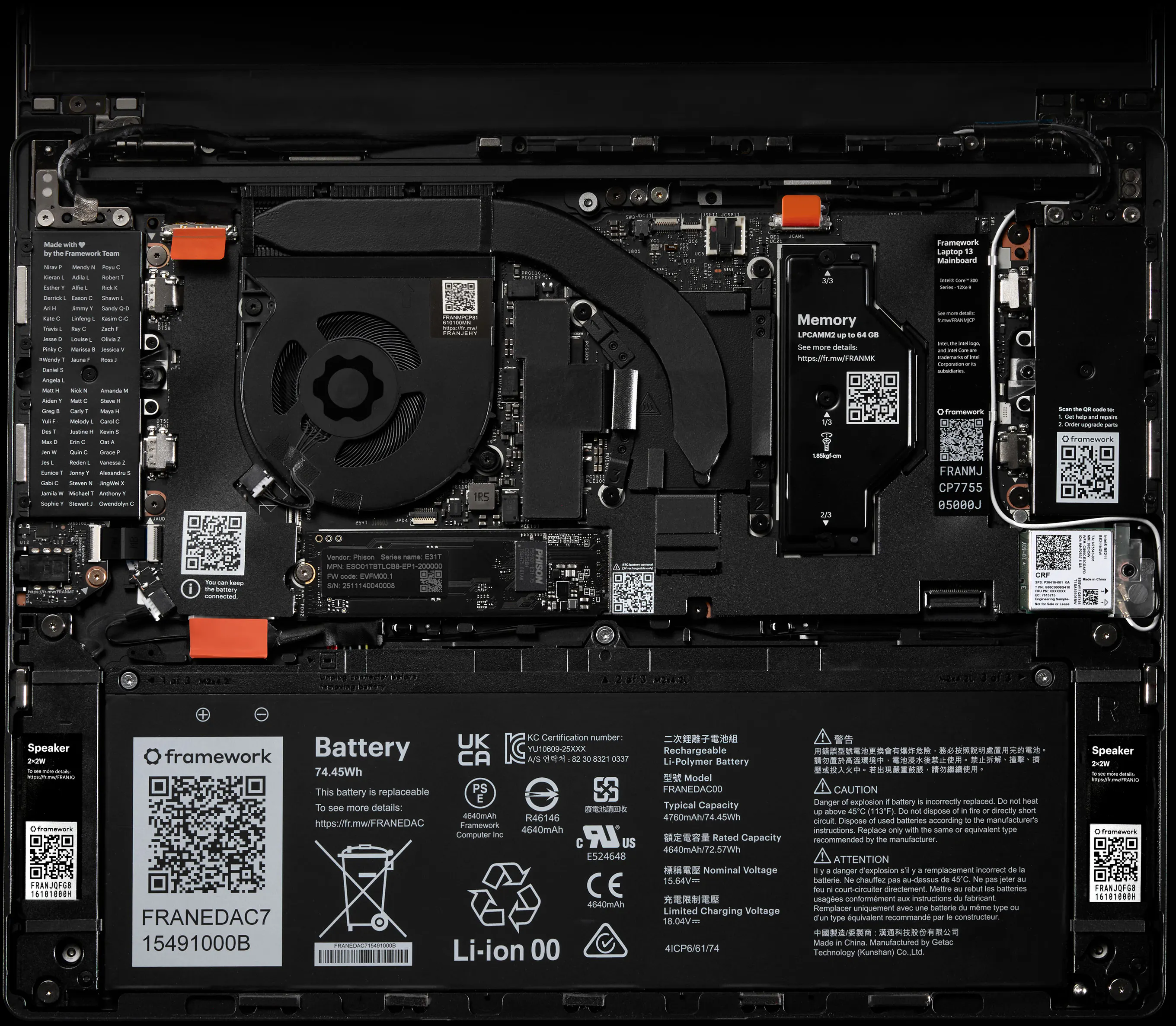 A top-down shot of Framework Laptop 13 Pro internals.