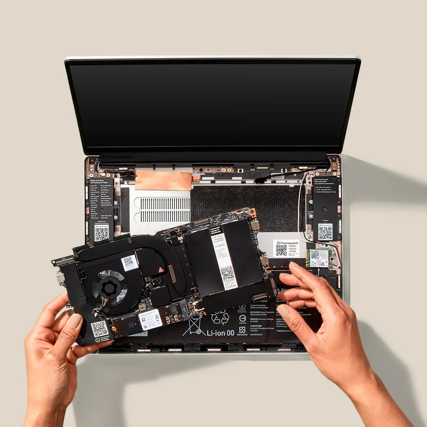 A top-down studio shot of a Framework Laptop 13 showing mainboard upgrade.