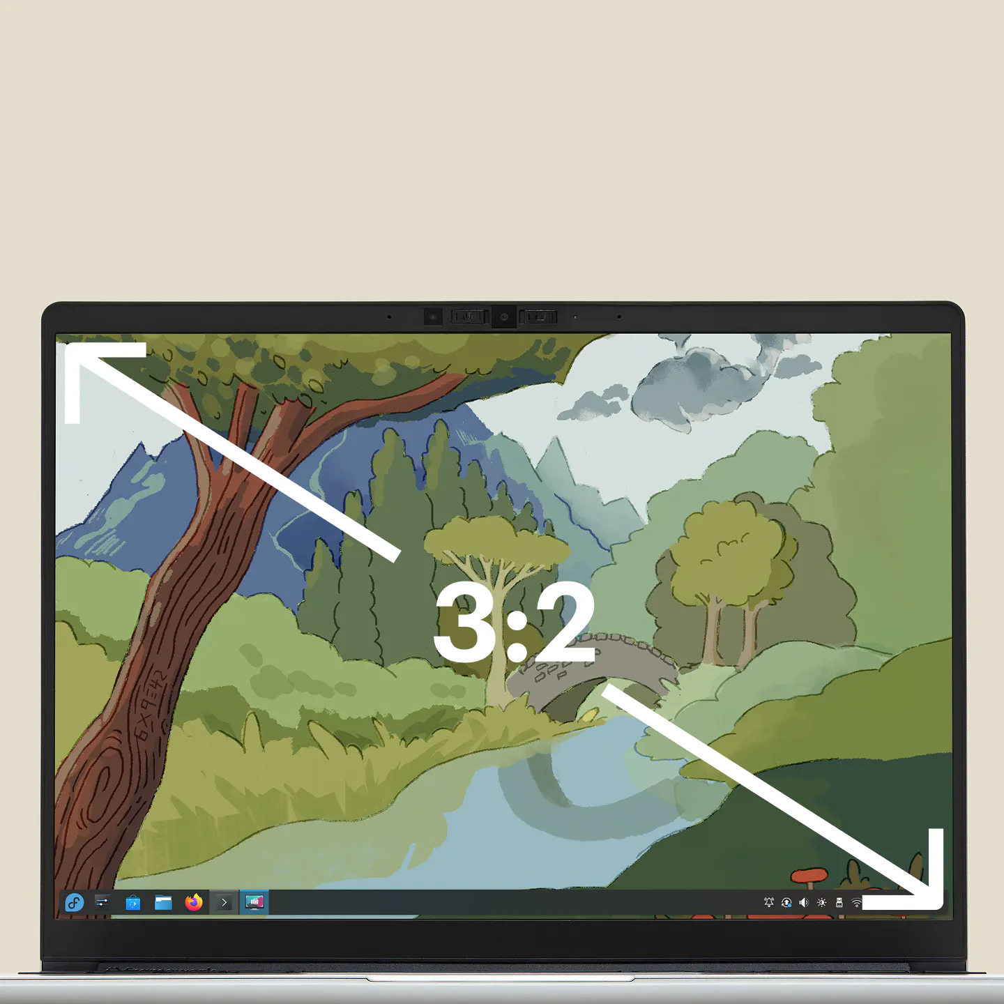 A tight straight-on shot of a Framework Laptop 13 display with 3:2 aspect ratio overlaid on it. 