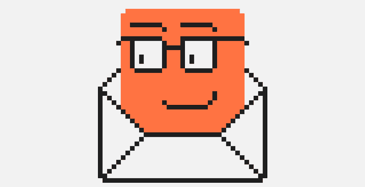 Pixel art icon of a square-faced orange character with glasses smiling from inside an open white envelope.