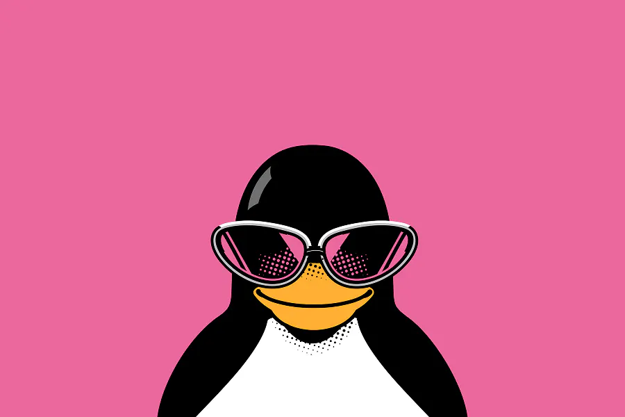 A pop-art style illustration of the Linux mascot, Tux the penguin, against a vibrant pink background. Tux is wearing stylish oversized sunglasses that reflect a halftone pattern.