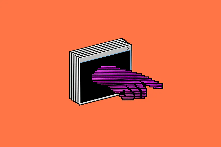 An orange background featuring a stack of retro computer windows. Emerging from the front window is a hand made of pink digital terminal text, pointing toward the right.