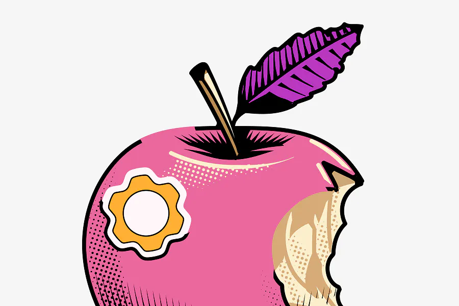 A close-up, stylized illustration of a pink bitten apple with a Framework gear logo sticker on its side. A purple feather acts as the leaf, all set against an off-white background.