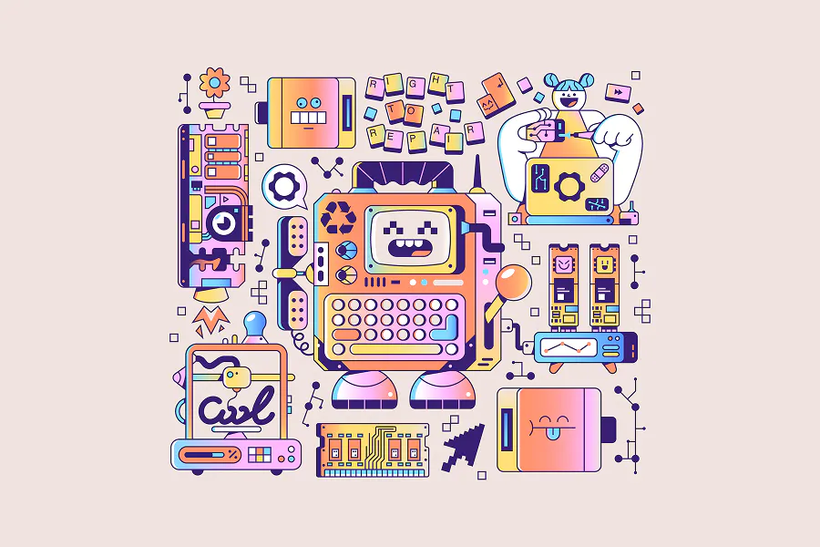 A playful illustration on a light beige background centered around a robot shaped like a typewriter. Surrounding it are various icons of repair and modularity, including a "Right to Repair" keyboard tile set, a 3D printer, and a person working on a small circuit board.