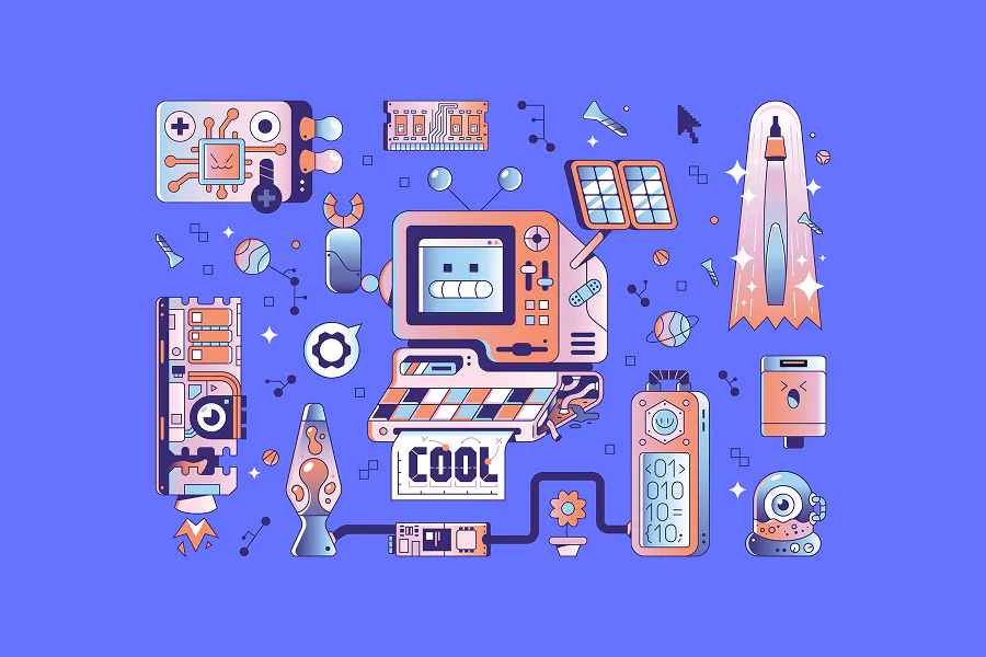 A variation of the first collage on a purple-blue background, with the tech elements—like the retro computer, RAM, and battery characters—more spaced out and floating freely across the canvas.
